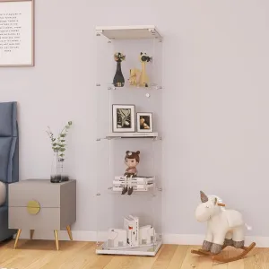 LFT HUIMEI2Y Glass Display Cabinet 4-Shelf with Door and Lock, Curio Cabinets Upgraded Quick-Install Style Tempered Glass Floor Standing Bookshelf for Bedroom, Living Room 65”x 17”x 14” White