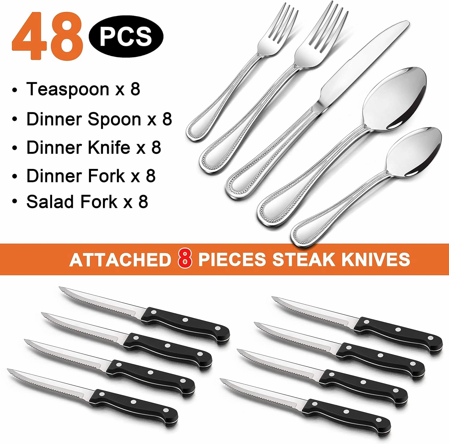 LIANYU Silverware Flatware Set for 8, 48-Piece Silverware Cutlery Set with Steak Knives, Stainless Steel Eating Utensils Tableware Include Forks Spoons Knives, Beaded Edge, Dishwasher Safe