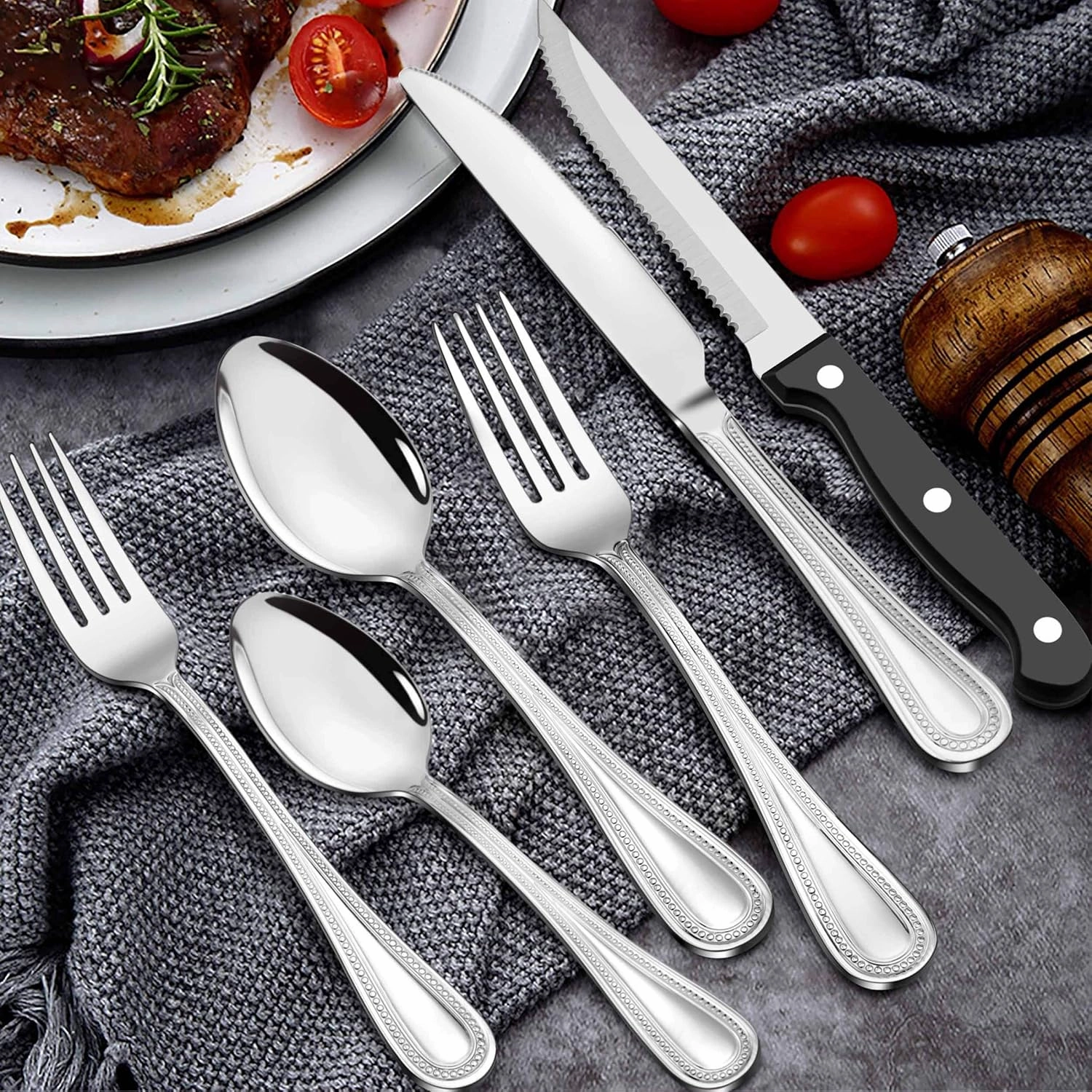 LIANYU Silverware Flatware Set for 8, 48-Piece Silverware Cutlery Set with Steak Knives, Stainless Steel Eating Utensils Tableware Include Forks Spoons Knives, Beaded Edge, Dishwasher Safe