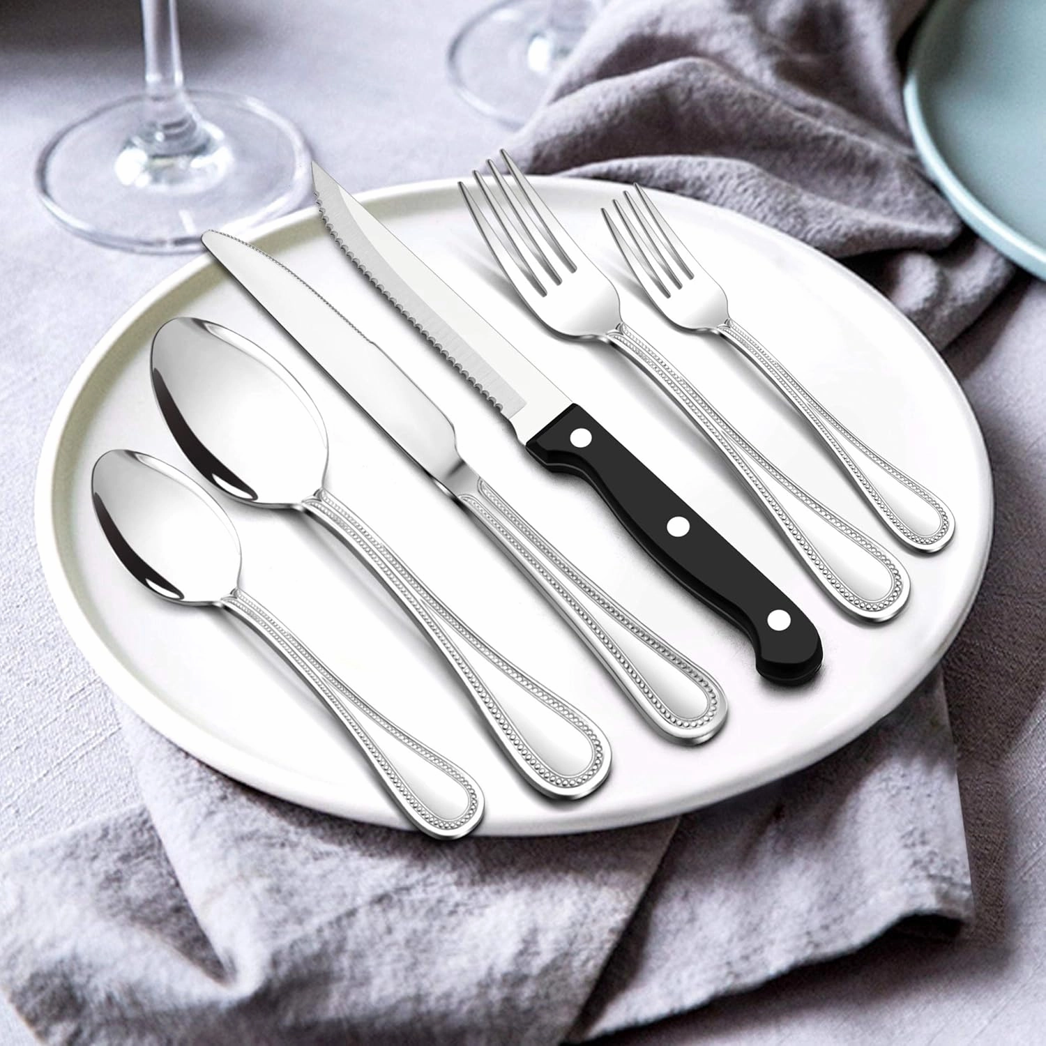 LIANYU Silverware Flatware Set for 8, 48-Piece Silverware Cutlery Set with Steak Knives, Stainless Steel Eating Utensils Tableware Include Forks Spoons Knives, Beaded Edge, Dishwasher Safe