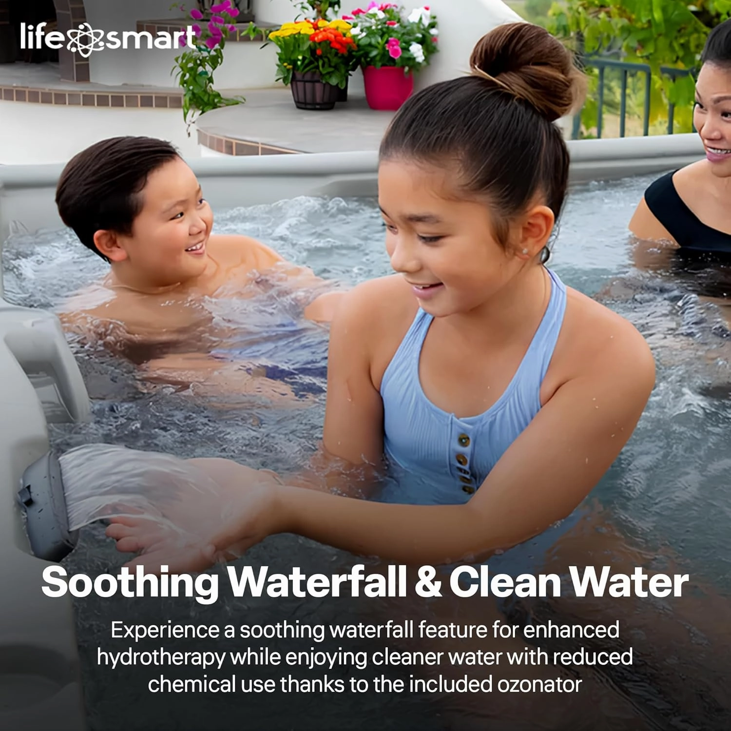 LifeSmart 5-Person Hot Tub – Outdoor Spa with 28 Jets, LED Lights, Waterfall, Ozonator & Cover – Sand-Colored Above-Ground Spa for Home Use