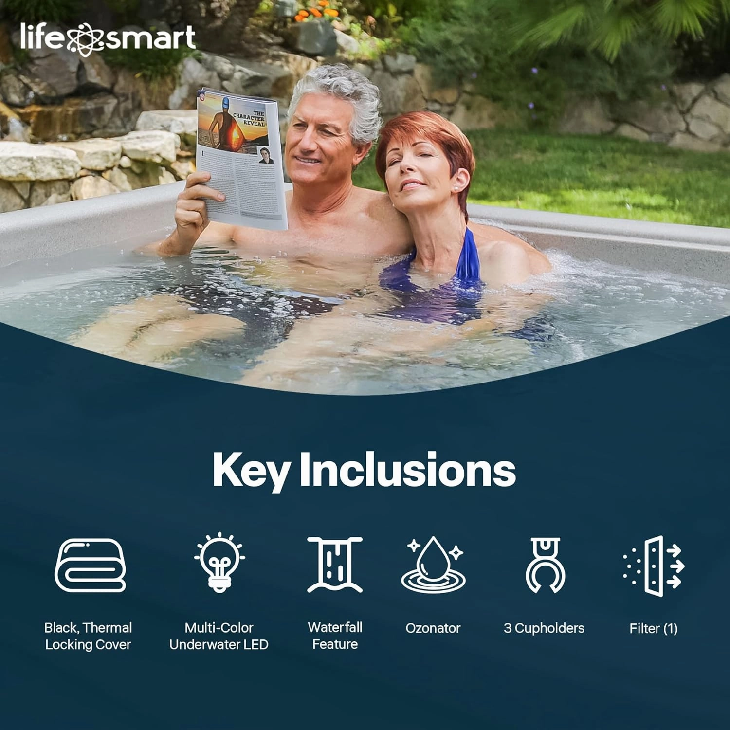 LifeSmart 5-Person Hot Tub – Outdoor Spa with 28 Jets, LED Lights, Waterfall, Ozonator & Cover – Sand-Colored Above-Ground Spa for Home Use