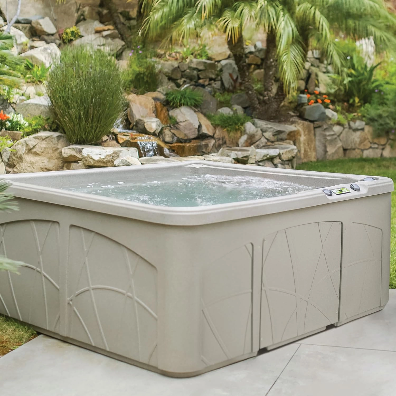 LifeSmart 5-Person Hot Tub – Outdoor Spa with 28 Jets, LED Lights, Waterfall, Ozonator & Cover – Sand-Colored Above-Ground Spa for Home Use