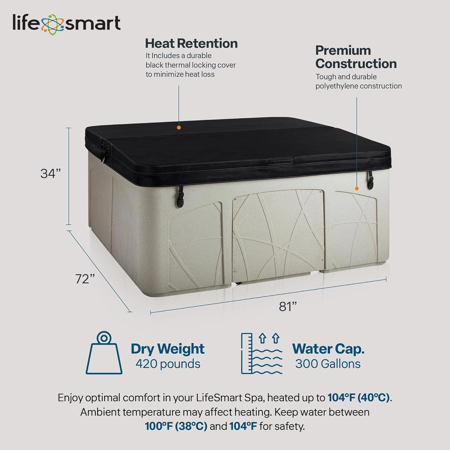LifeSmart 5-Person Hot Tub – Outdoor Spa with 28 Jets, LED Lights, Waterfall, Ozonator & Cover – Sand-Colored Above-Ground Spa for Home Use