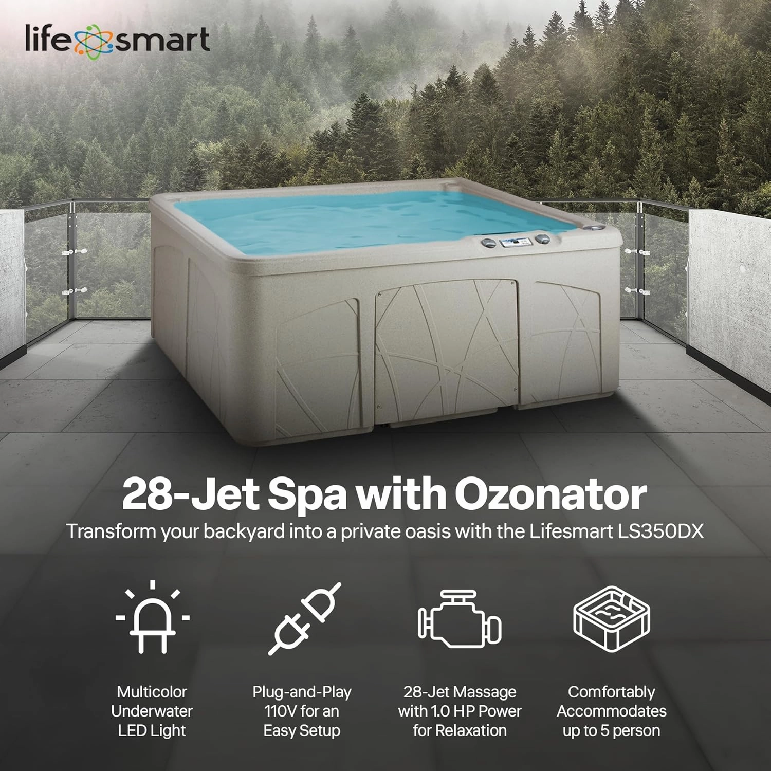 LifeSmart 5-Person Hot Tub – Outdoor Spa with 28 Jets, LED Lights, Waterfall, Ozonator & Cover – Sand-Colored Above-Ground Spa for Home Use