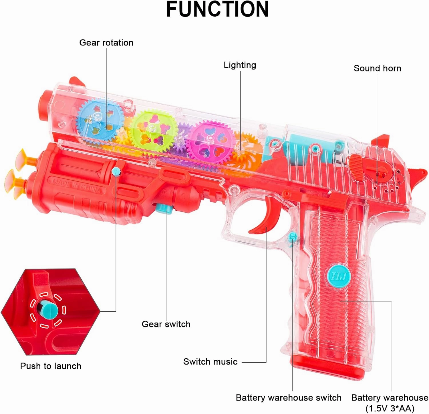 Light up Toy Gun for Boys, Music Gun Toy for Kids, Transparent Plastic Electric Toy Gun with Rotating Gears, Light and Music (Red)