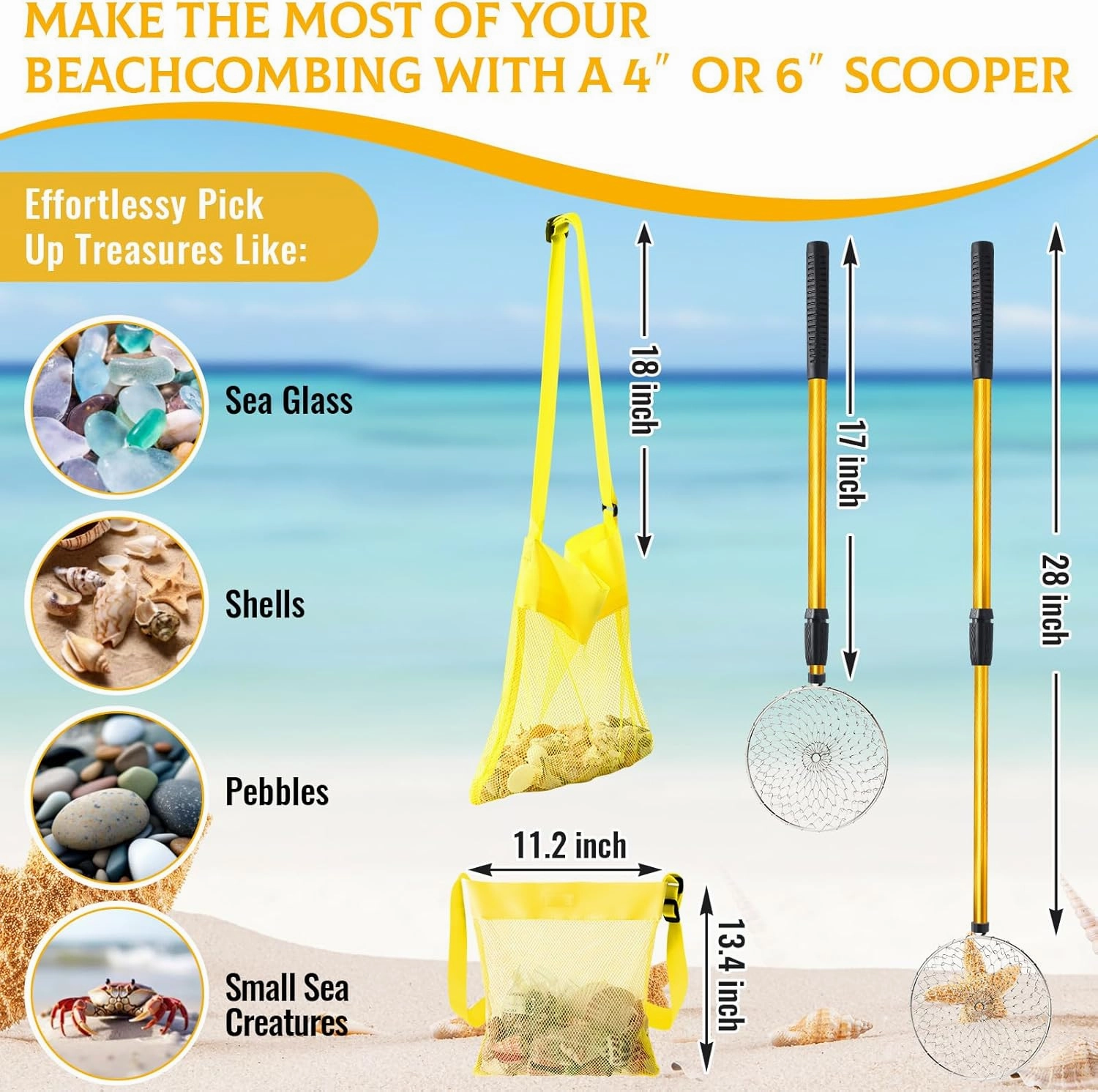 Liliful 3 Pcs Shelling Tools for Beach 28" Beach Sand Sifter with Long Handle Beach Mesh Shovel Sand Scoop Mesh Shell Collecting Bag Shark Tooth Sifter for Boy Girl Collecting Shell Beach Toy(Yellow)