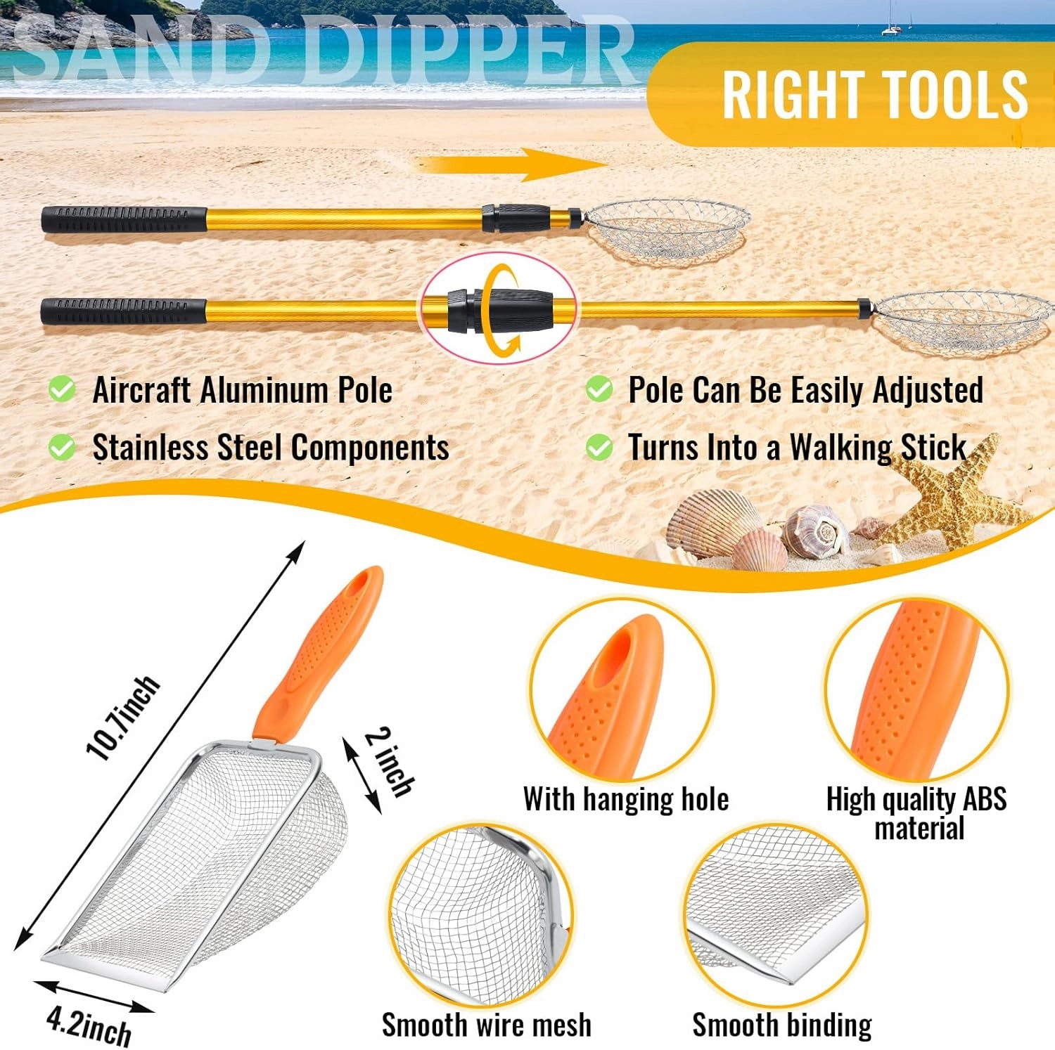 Liliful 3 Pcs Shelling Tools for Beach 28" Beach Sand Sifter with Long Handle Beach Mesh Shovel Sand Scoop Mesh Shell Collecting Bag Shark Tooth Sifter for Boy Girl Collecting Shell Beach Toy(Yellow)