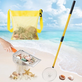 Liliful 3 Pcs Shelling Tools for Beach 28" Beach Sand Sifter with Long Handle Beach Mesh Shovel Sand Scoop Mesh Shell Collecting Bag Shark Tooth Sifter for Boy Girl Collecting Shell Beach Toy(Yellow)