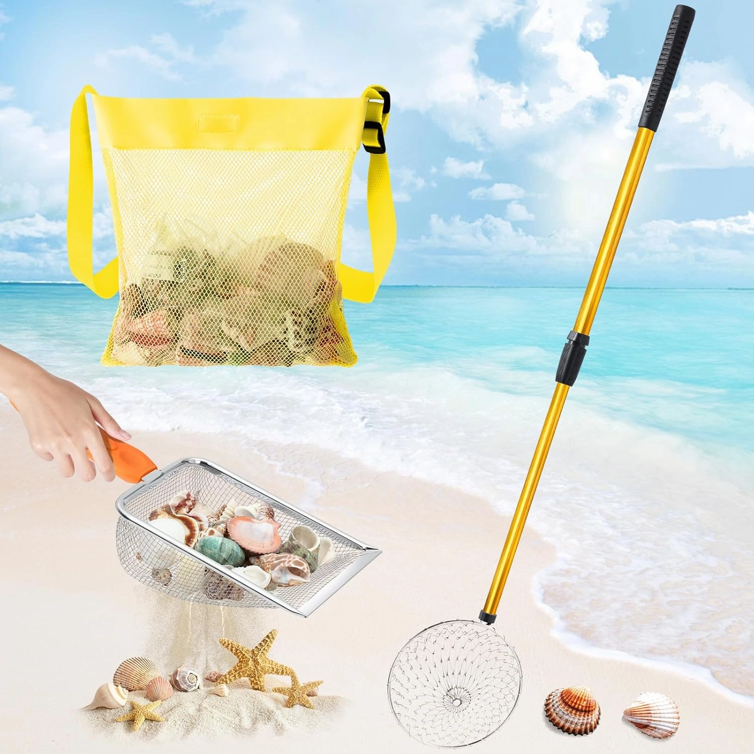 Liliful 3 Pcs Shelling Tools for Beach 28" Beach Sand Sifter with Long Handle Beach Mesh Shovel Sand Scoop Mesh Shell Collecting Bag Shark Tooth Sifter for Boy Girl Collecting Shell Beach Toy(Yellow)