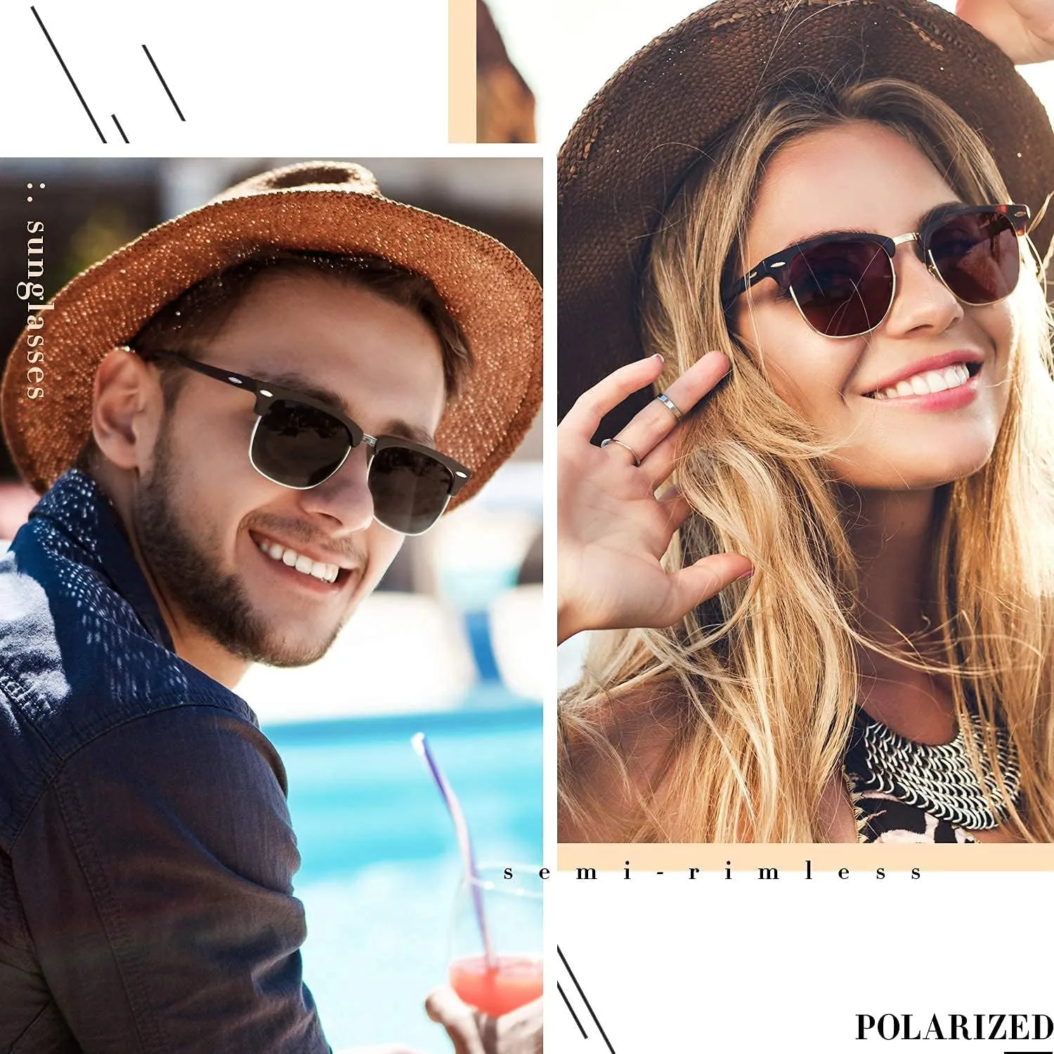 LINVO Polarized Semi Rimless Sunglasses for Men Women, Classic Retro Shades Half Frame Driving Sun Glasses UV Protection