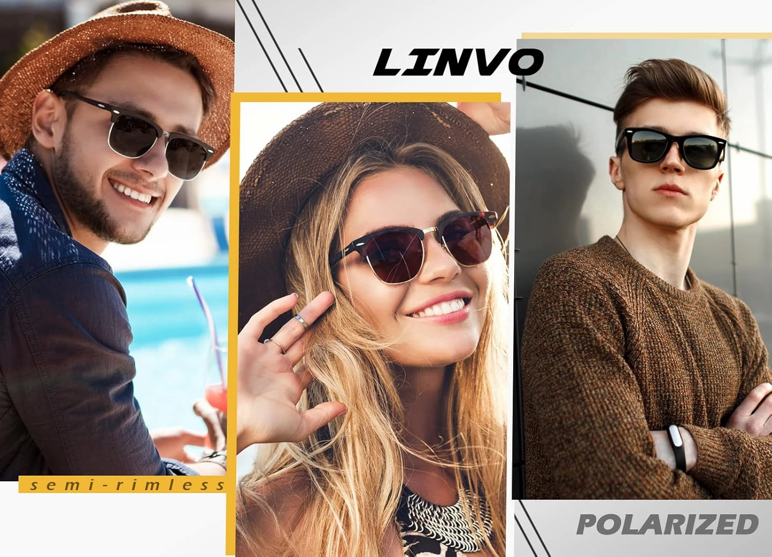 LINVO Polarized Semi Rimless Sunglasses for Men Women, Classic Retro Shades Half Frame Driving Sun Glasses UV Protection