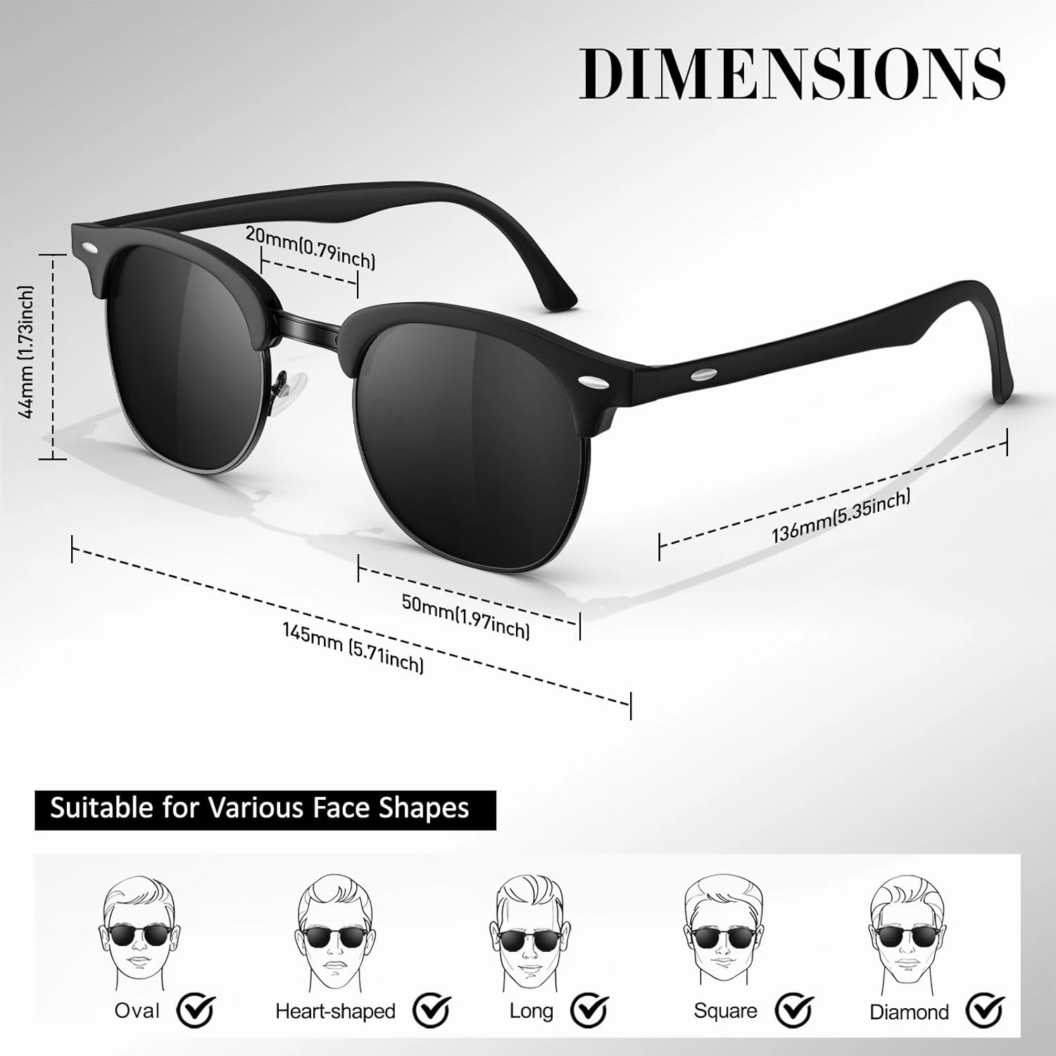 LINVO Polarized Semi Rimless Sunglasses for Men Women, Classic Retro Shades Half Frame Driving Sun Glasses UV Protection