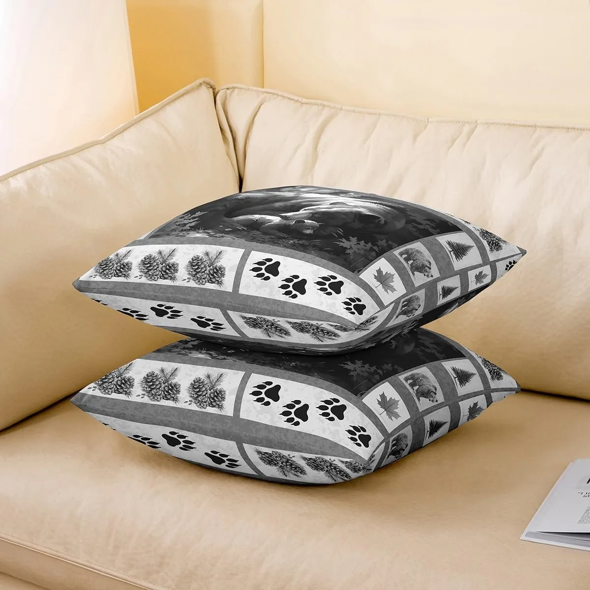 Lodge Cabin Pillow Cover 18x18 Inch Bear Wild Animal Paw Print Cushion Case for Kids Teens Adults Jungle Pine Cones Gray Plaid Rustic Style Cushion Cover for Couch Bedroom Party