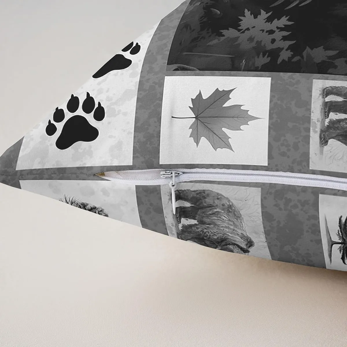 Lodge Cabin Pillow Cover 18x18 Inch Bear Wild Animal Paw Print Cushion Case for Kids Teens Adults Jungle Pine Cones Gray Plaid Rustic Style Cushion Cover for Couch Bedroom Party