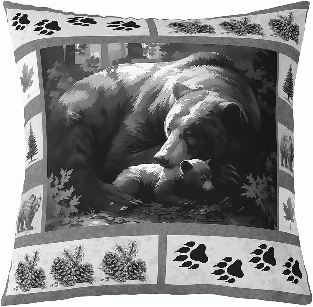 Lodge Cabin Pillow Cover 18x18 Inch Bear Wild Animal Paw Print Cushion Case for Kids Teens Adults Jungle Pine Cones Gray Plaid Rustic Style Cushion Cover for Couch Bedroom Party
