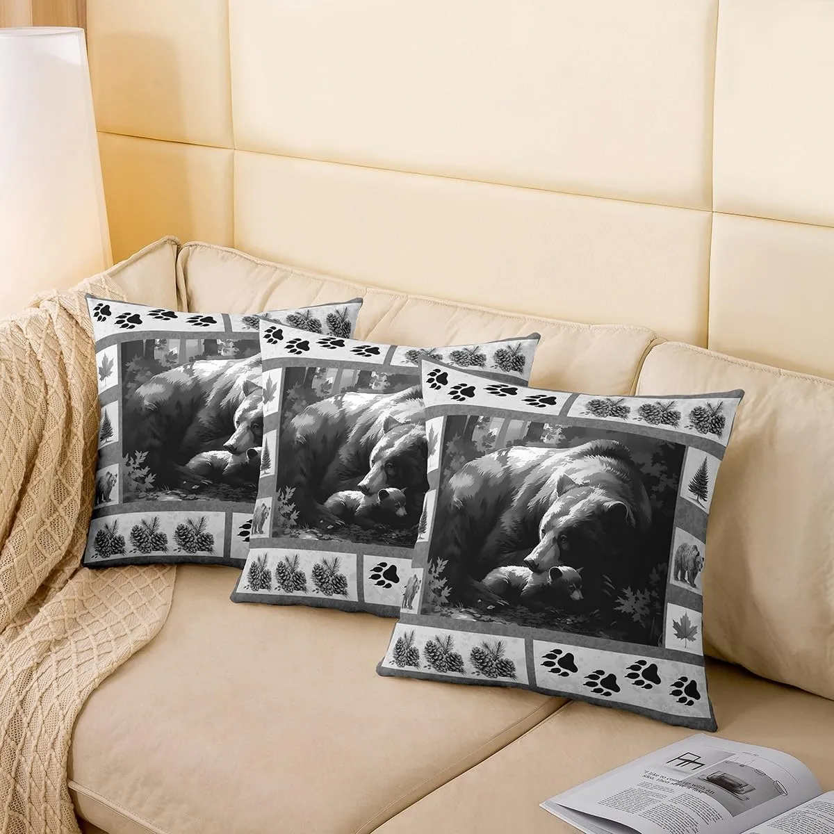 Lodge Cabin Pillow Cover 18x18 Inch Bear Wild Animal Paw Print Cushion Case for Kids Teens Adults Jungle Pine Cones Gray Plaid Rustic Style Cushion Cover for Couch Bedroom Party