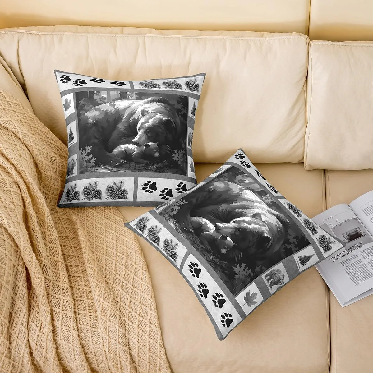 Lodge Cabin Pillow Cover 18x18 Inch Bear Wild Animal Paw Print Cushion Case for Kids Teens Adults Jungle Pine Cones Gray Plaid Rustic Style Cushion Cover for Couch Bedroom Party