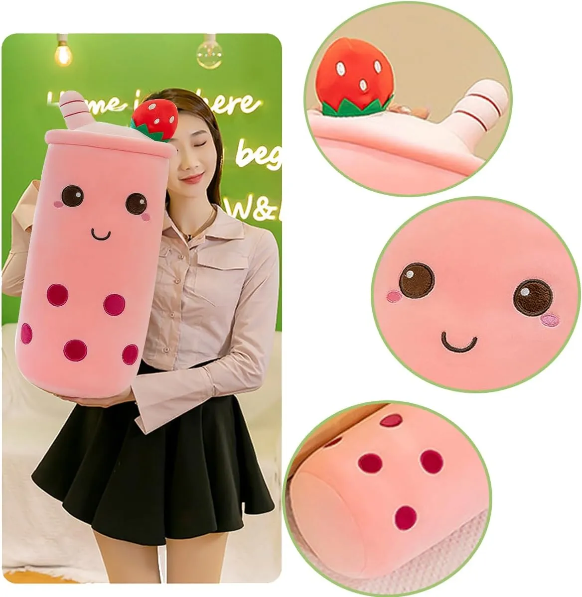 Long Boba Plush Stuffed Bubble Tea Pillow Soft Adorable Plushies Toys (Pink,23.6inches)