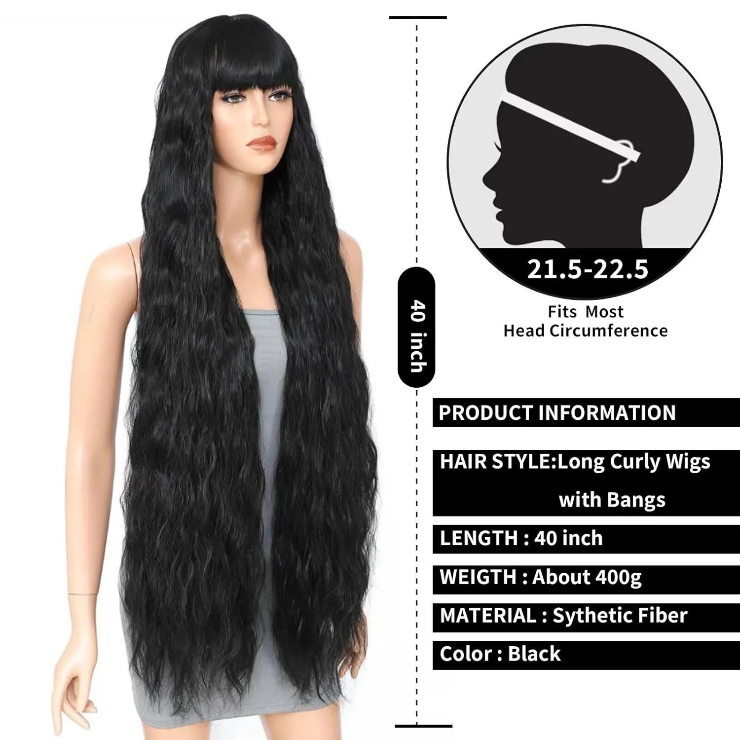 Long Curly Wig with Bangs for Women 40 Inch Long Wavy Synthetic Bounce Fluffy Wig Natural Style Wigs for Cosplay Halloween Party Daily Use(Black)