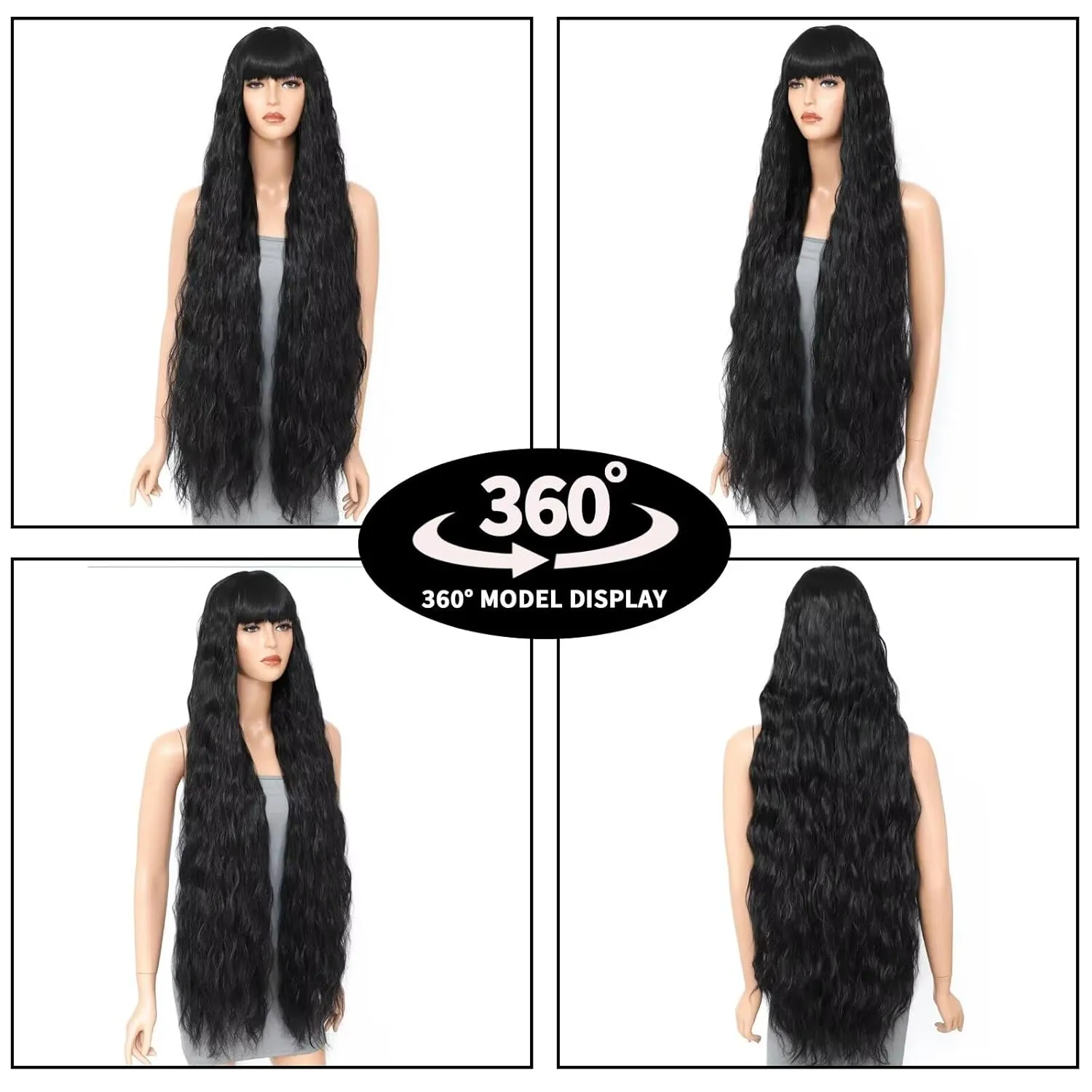 Long Curly Wig with Bangs for Women 40 Inch Long Wavy Synthetic Bounce Fluffy Wig Natural Style Wigs for Cosplay Halloween Party Daily Use(Black)