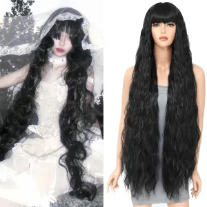 Long Curly Wig with Bangs for Women 40 Inch Long Wavy Synthetic Bounce Fluffy Wig Natural Style Wigs for Cosplay Halloween Party Daily Use(Black)