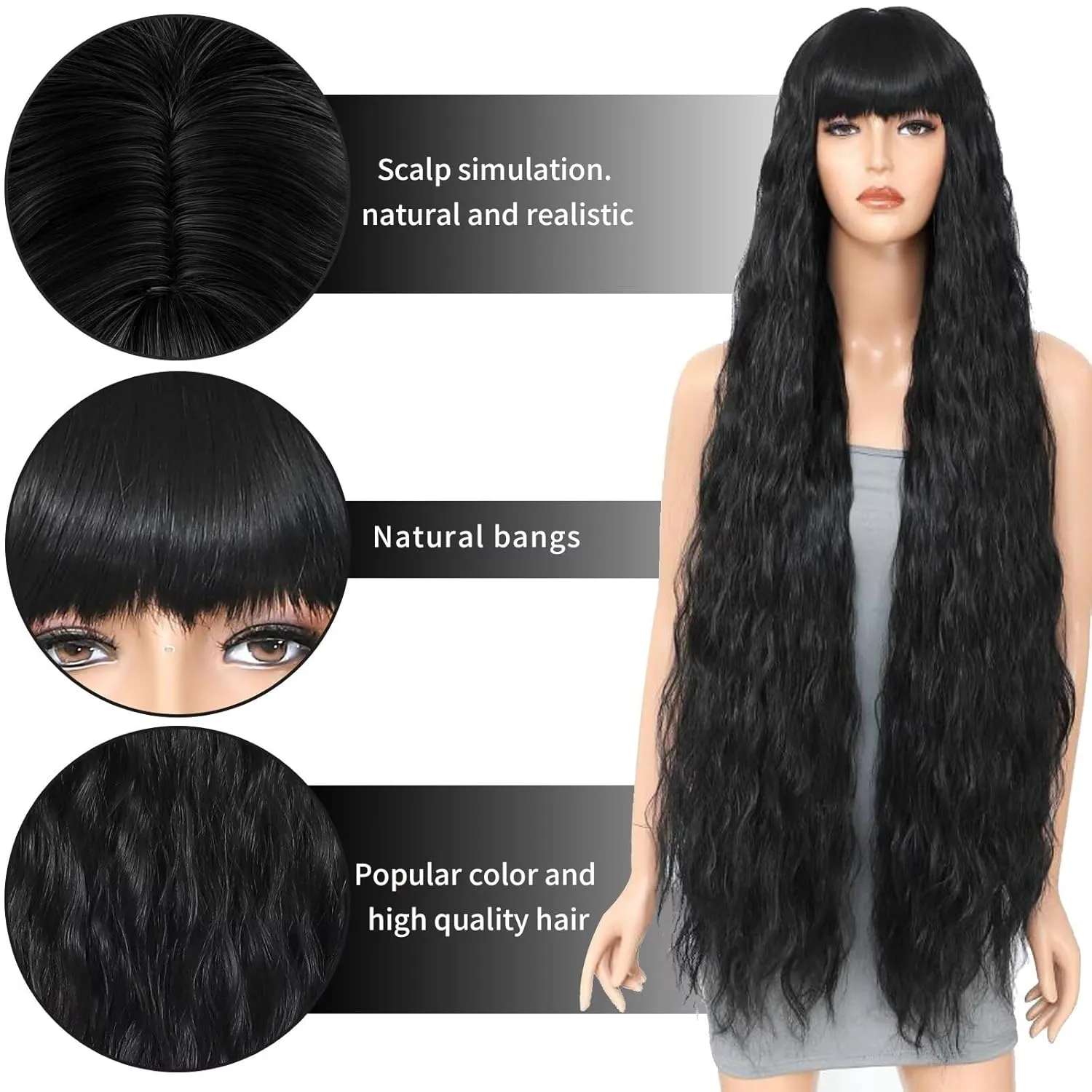 Long Curly Wig with Bangs for Women 40 Inch Long Wavy Synthetic Bounce Fluffy Wig Natural Style Wigs for Cosplay Halloween Party Daily Use(Black)