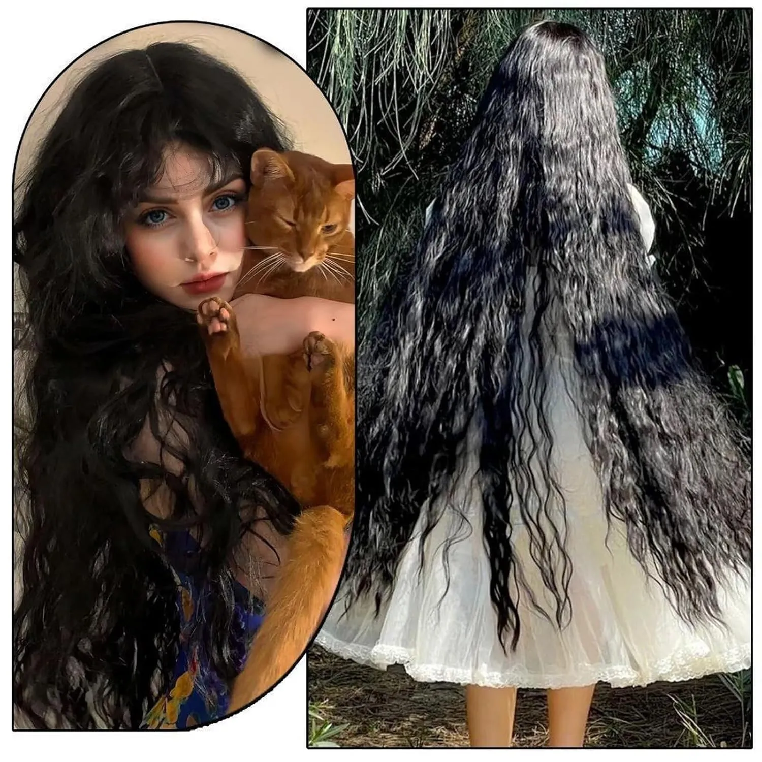 Long Curly Wig with Bangs for Women 40 Inch Long Wavy Synthetic Bounce Fluffy Wig Natural Style Wigs for Cosplay Halloween Party Daily Use(Black)