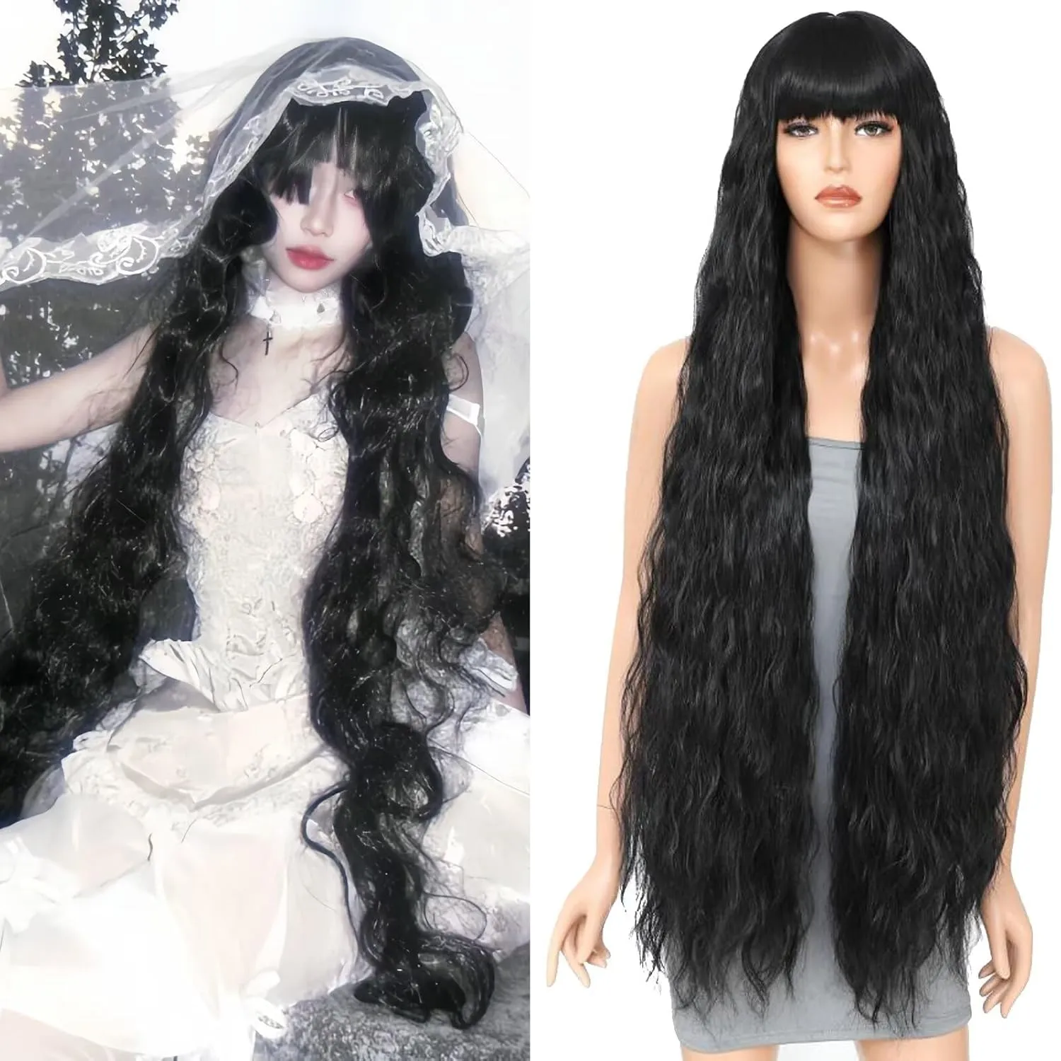 Long Curly Wig with Bangs for Women 40 Inch Long Wavy Synthetic Bounce Fluffy Wig Natural Style Wigs for Cosplay Halloween Party Daily Use(Black)