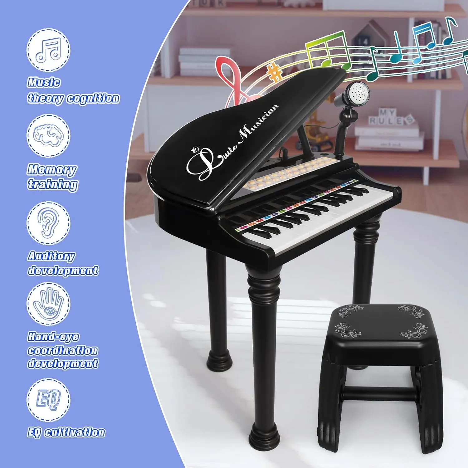 Love&Mini Piano Keyboard Toy for Kids - 31 Keys Toddlers Black Piano Toy with Microphone and Stool for Kids Age 3  Years Old Girls Boys Birthday Gift