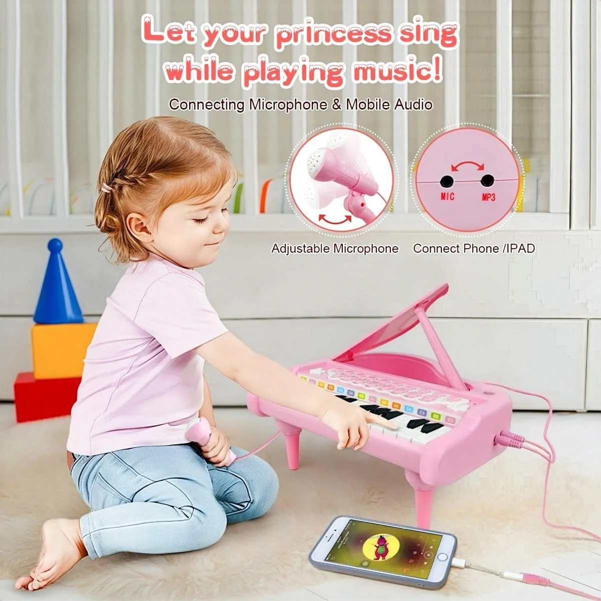 Love&Mini Pink Piano Toys for 1 Years Old Girls First Birthday Gifts Toddler Piano Music Toy Instruments with 24 Keys and Microphone