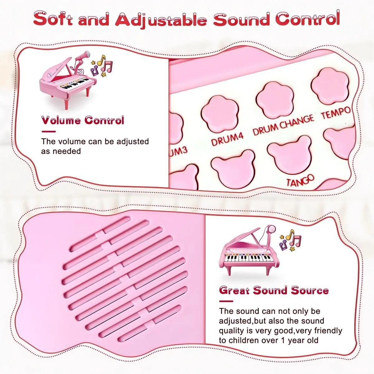 Love&Mini Pink Piano Toys for 1 Years Old Girls First Birthday Gifts Toddler Piano Music Toy Instruments with 24 Keys and Microphone