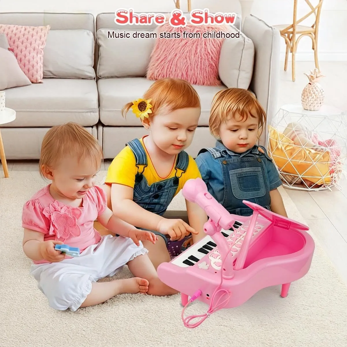 Love&Mini Pink Piano Toys for 1 Years Old Girls First Birthday Gifts Toddler Piano Music Toy Instruments with 24 Keys and Microphone