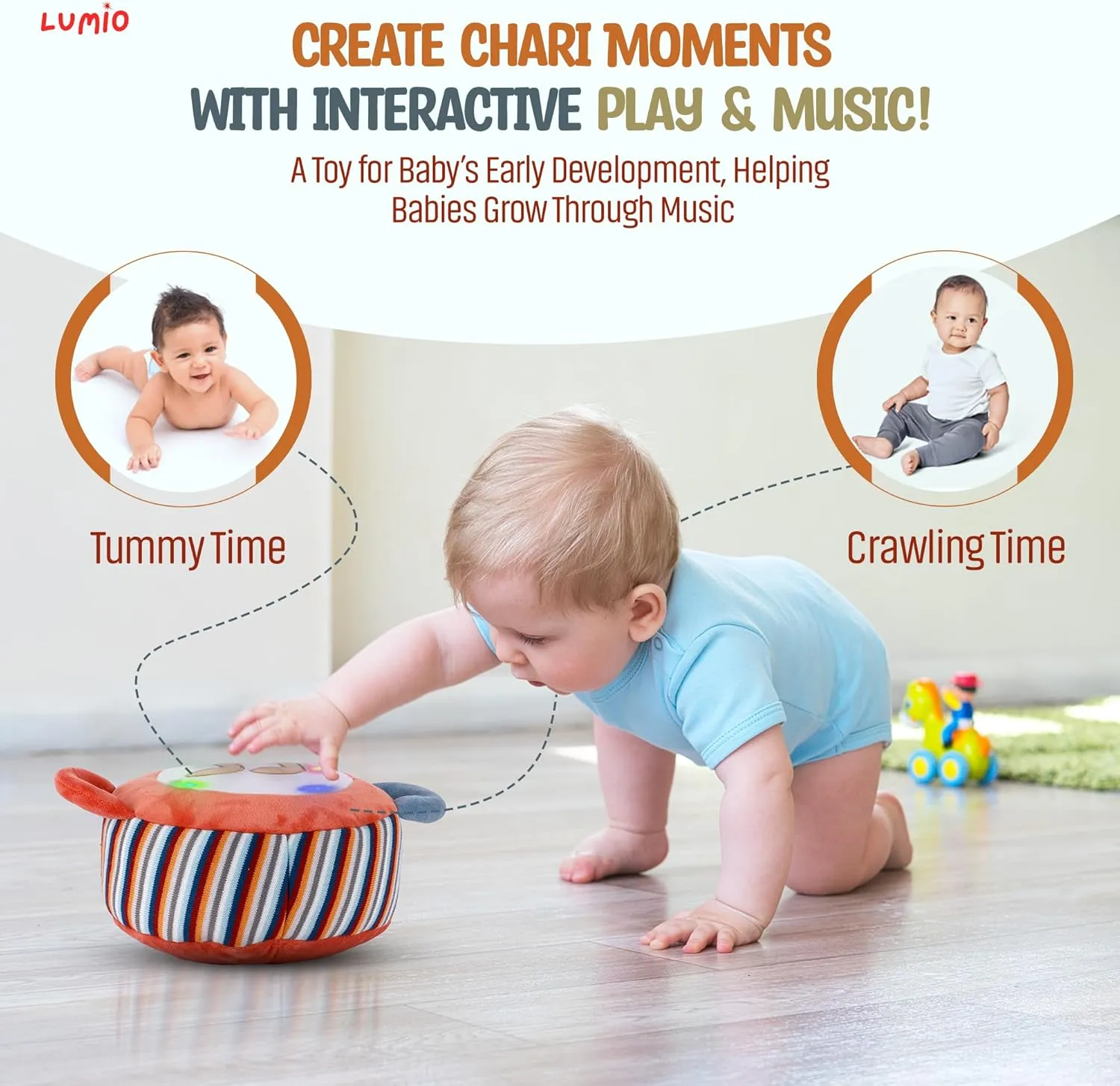 Lumio Interactive Musical Plush Toy with Lights and Sounds - Sensory Toy for 3 6 9 12-18 Months and up, Perfect for Tummy Time Rhythm Learning (Guitar) (Drum)
