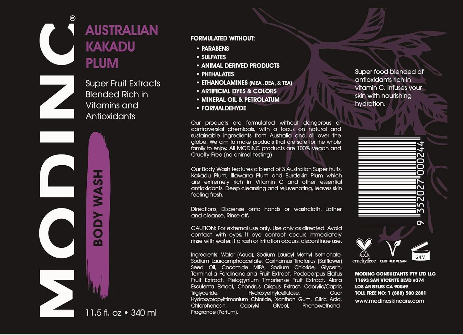 Luxury Body Wash Australian Kakadu Plum Formula, Super Fruit Extracts Blended Rich in Vitamins and Antioxidants, Vegan, Cruelty Free, Pump, 11.5 Ounces