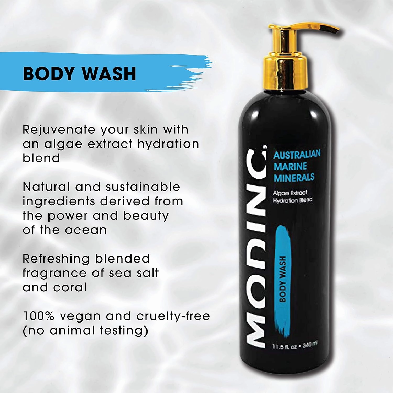 Luxury Body Wash Australian Marine Minerals Formula, Algae Extract Hydration Blend, Vegan, Cruelty Free, Pump, 11.5 Ounces