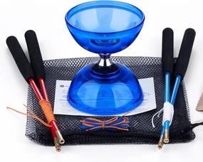 MAGICYOYO Pro Triple Bearing Diabolo Small Size 4” Chinese Yoyo Toy with 2 Pairs Carbon Sticks  2 Extra Strings  1 Net Bag, High Performance Chinese Yoyo Diabolo Skill Toy (Blue)