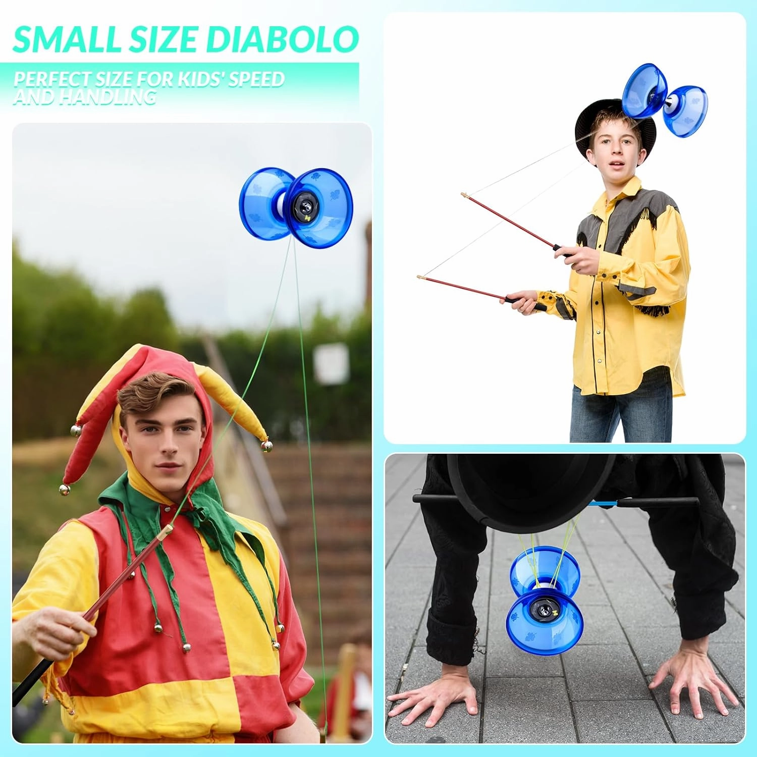 MAGICYOYO Pro Triple Bearing Diabolo Small Size 4” Chinese Yoyo Toy with 2 Pairs Carbon Sticks  2 Extra Strings  1 Net Bag, High Performance Chinese Yoyo Diabolo Skill Toy (Blue)