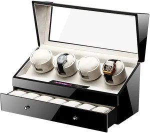 MaGiLL Mute Automatic Watch Winder with Drawer 4 7 Watches Storage Case Display Box Digital Display Piano Paint Soft (Black A)