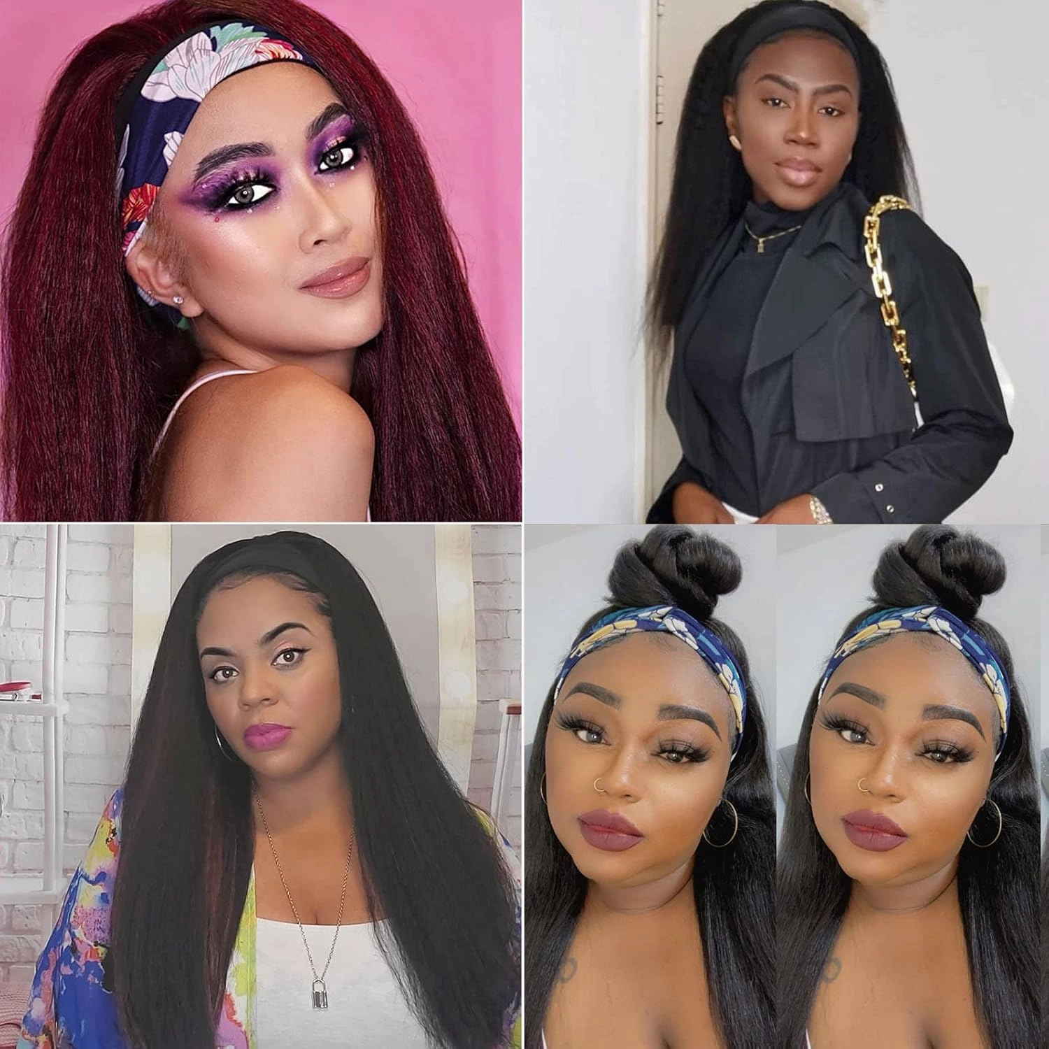 Mairead Kinky Straight Headband Wig 24 Inches Long Yaki Straight Synthetic Headband Wigs for Black Women Glueless None Lace Wig with Headband Attached for Cosplay Party Costume Daily Use, 1B/30