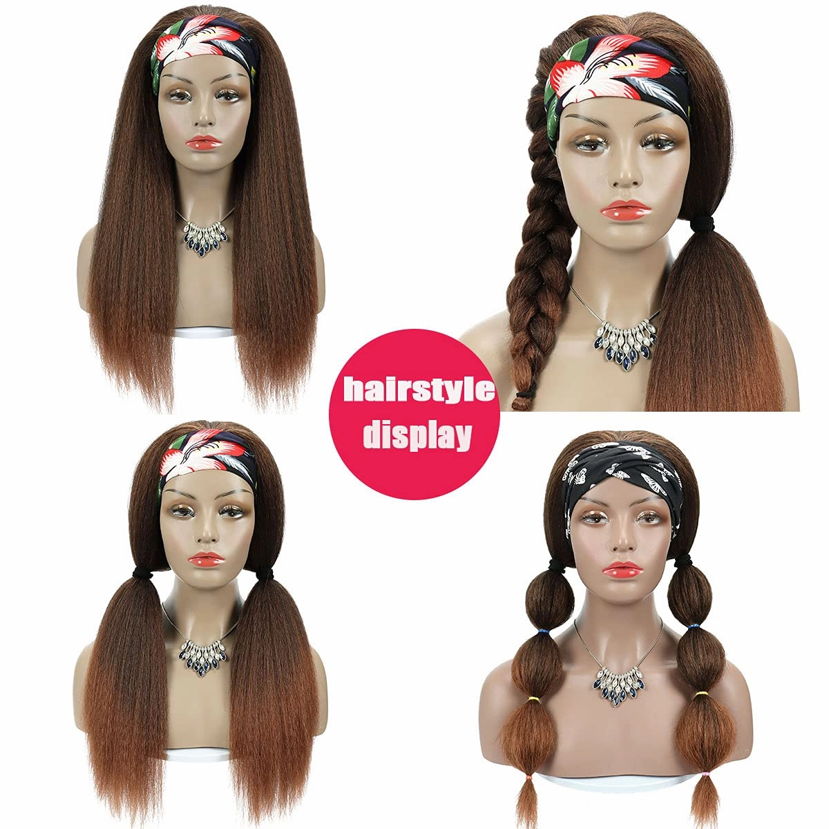 Mairead Kinky Straight Headband Wig 24 Inches Long Yaki Straight Synthetic Headband Wigs for Black Women Glueless None Lace Wig with Headband Attached for Cosplay Party Costume Daily Use, 1B/30