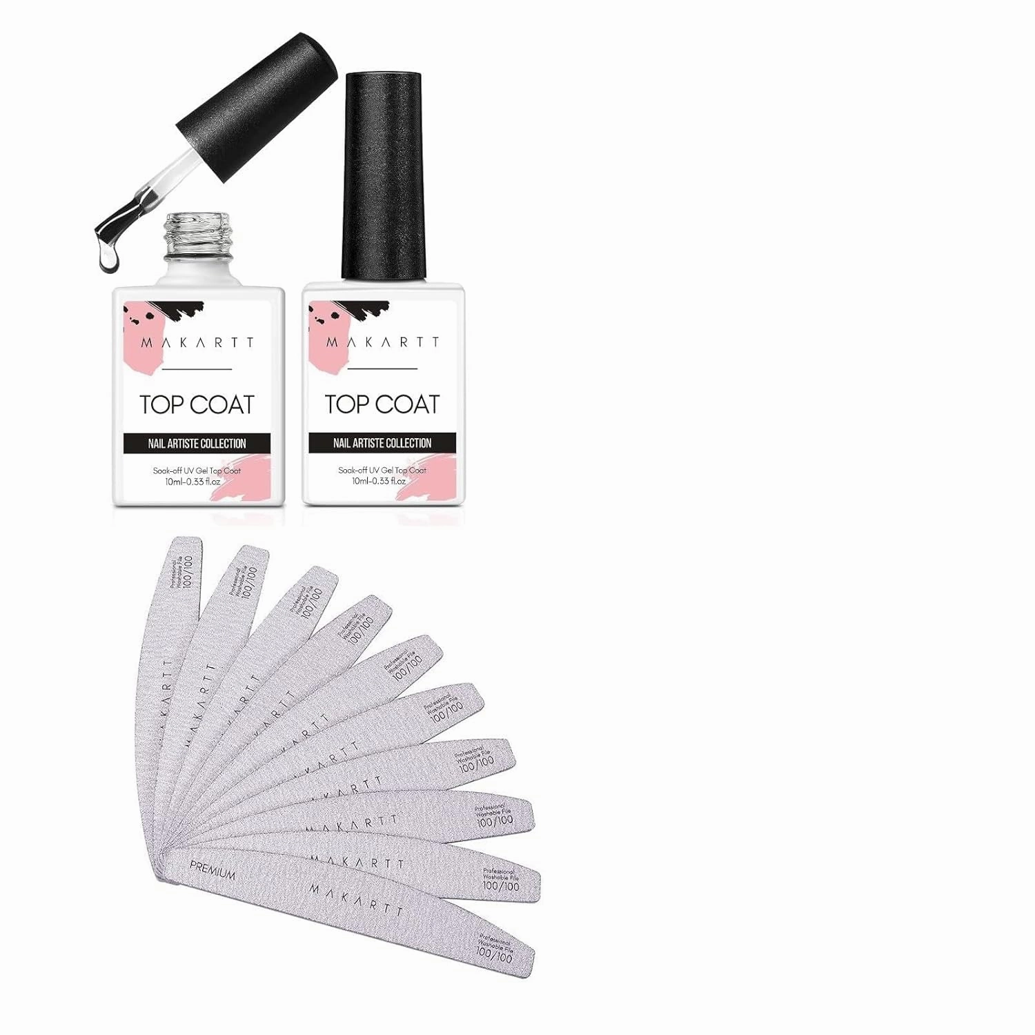 Makartt Nail Files 100 100 Grit with Gel Top Coat Kit Bundle, Zebra Nail Files 100 100 Grit for Acrylic Nails Poly Nail Gel Emery Boards, Soak Off UV LED Gel Nail Polish Top Coat