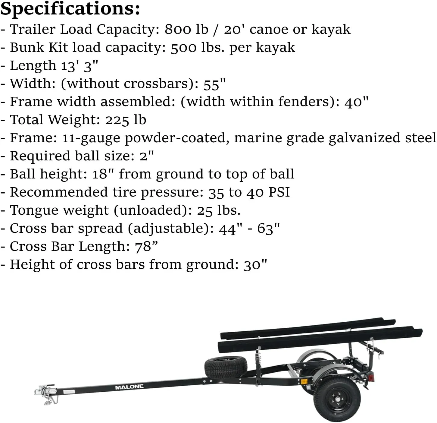 Malone MPG441B2-BLK MicroSport Off-Road 2 Kayak Trailer with 2 Bunk Kayak Carriers & Spare Tire | 20' / 800 lbs Capacity | Fully Submersible | Black Powder Coat Finish