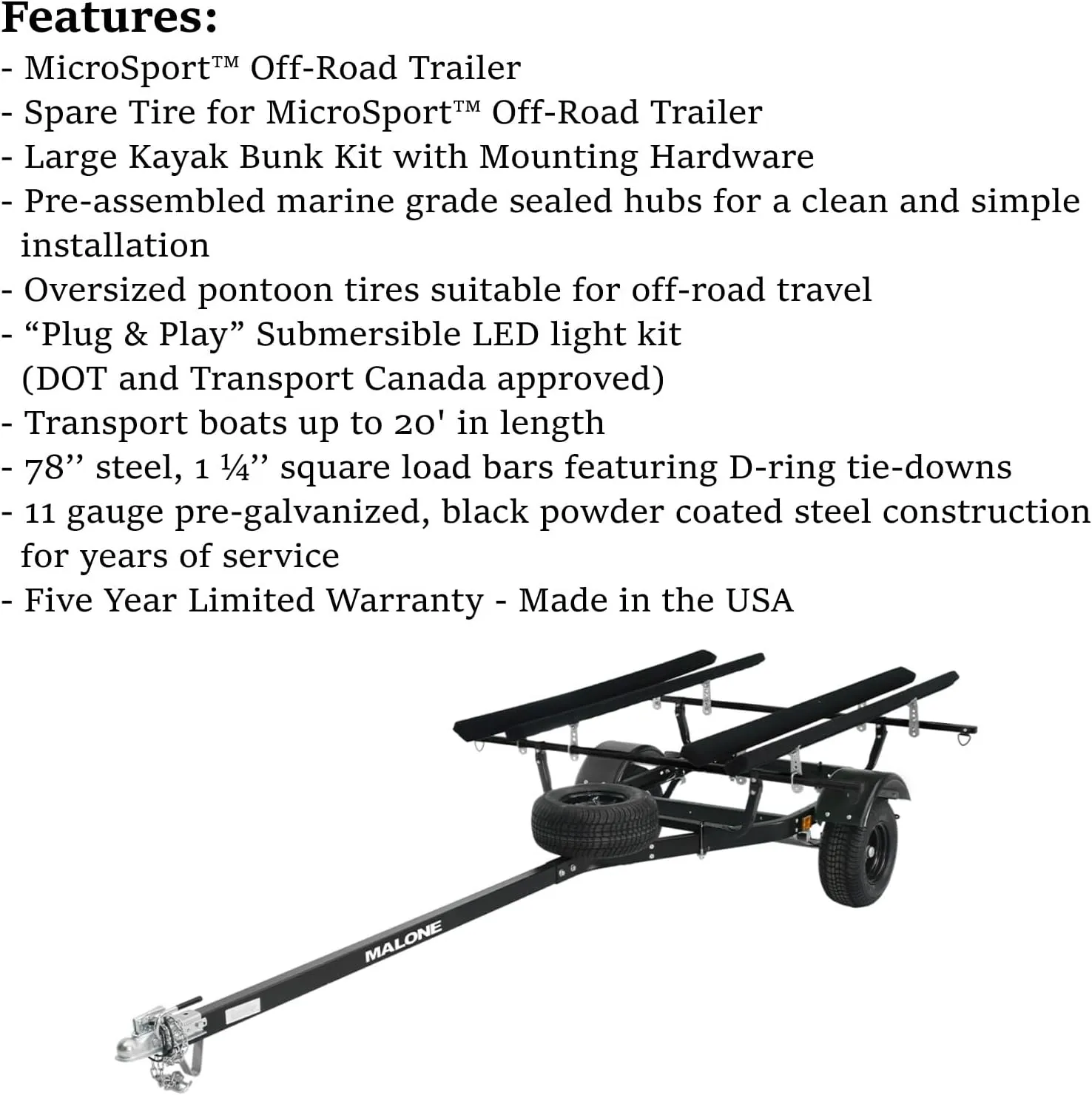 Malone MPG441B2-BLK MicroSport Off-Road 2 Kayak Trailer with 2 Bunk Kayak Carriers & Spare Tire | 20' / 800 lbs Capacity | Fully Submersible | Black Powder Coat Finish