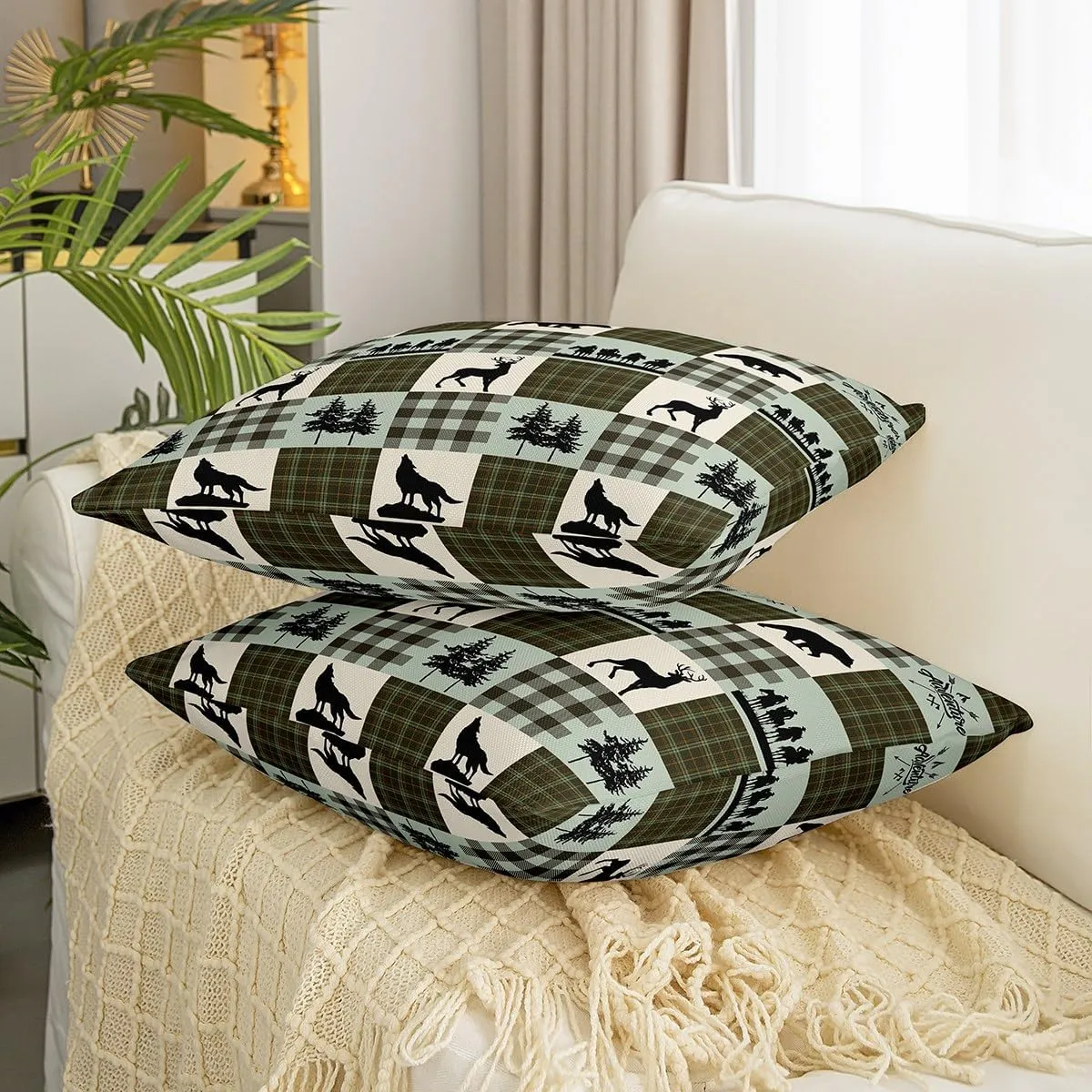 Manfei Bear Lattice Pillow Cover 22x22 Inch,Animals Hunting Farmhouse Trees Decorative Square Pillow Case for Home Bed Sofa Couch Retro Green Gingham Check Housewarming Cushion Cover Single Pack