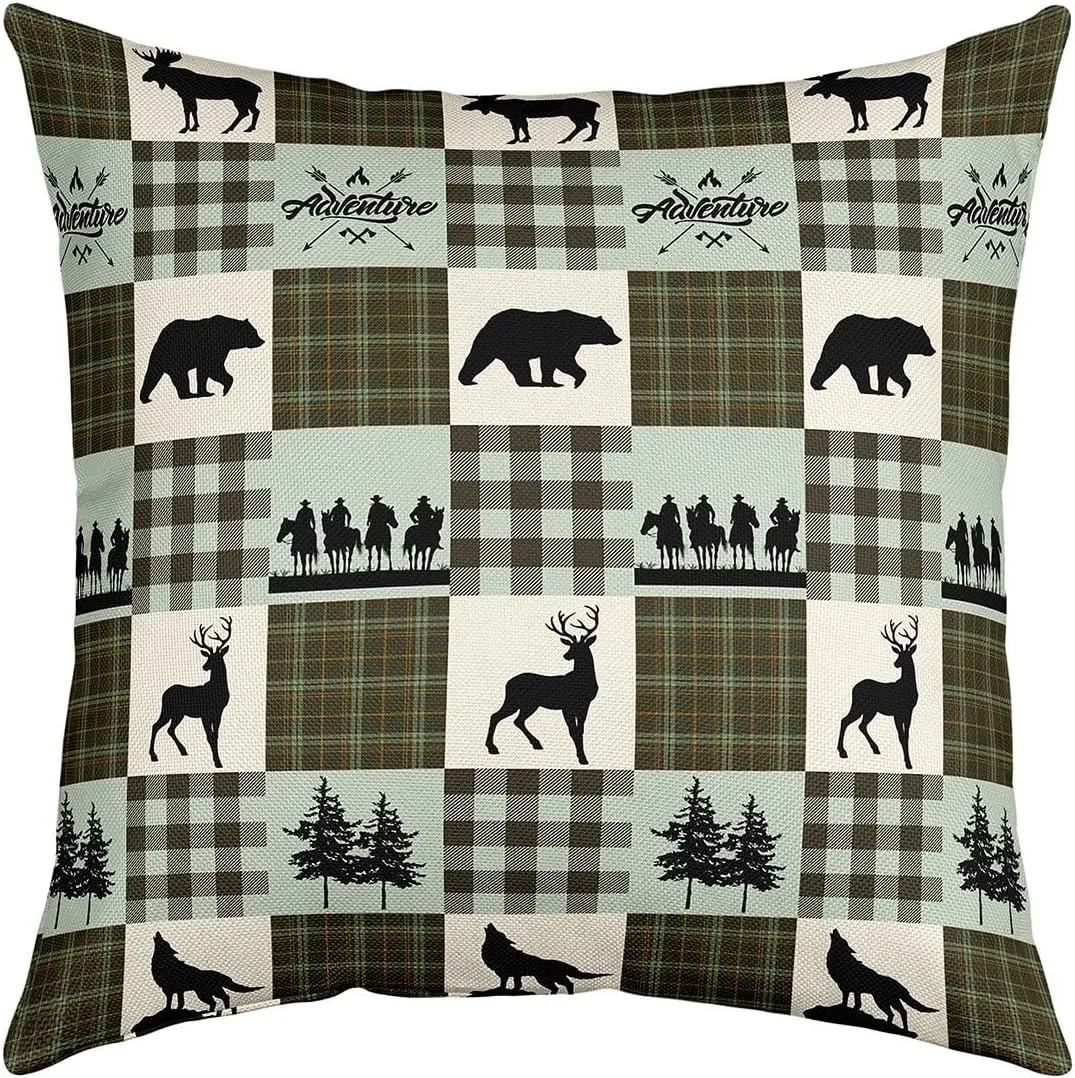 Manfei Bear Lattice Pillow Cover 22x22 Inch,Animals Hunting Farmhouse Trees Decorative Square Pillow Case for Home Bed Sofa Couch Retro Green Gingham Check Housewarming Cushion Cover Single Pack