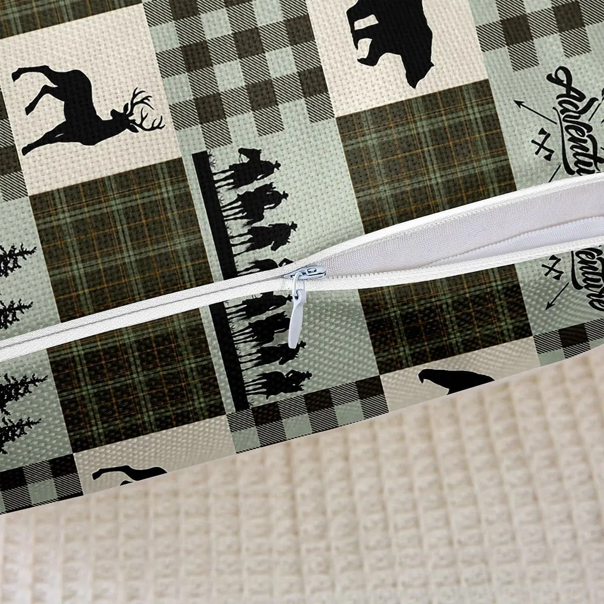 Manfei Bear Lattice Pillow Cover 22x22 Inch,Animals Hunting Farmhouse Trees Decorative Square Pillow Case for Home Bed Sofa Couch Retro Green Gingham Check Housewarming Cushion Cover Single Pack
