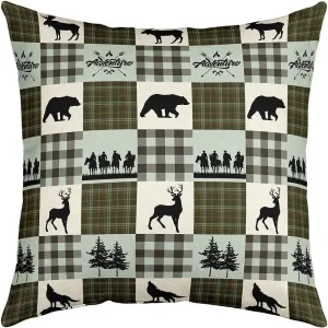 Manfei Bear Lattice Pillow Cover 22x22 Inch,Animals Hunting Farmhouse Trees Decorative Square Pillow Case for Home Bed Sofa Couch Retro Green Gingham Check Housewarming Cushion Cover Single Pack