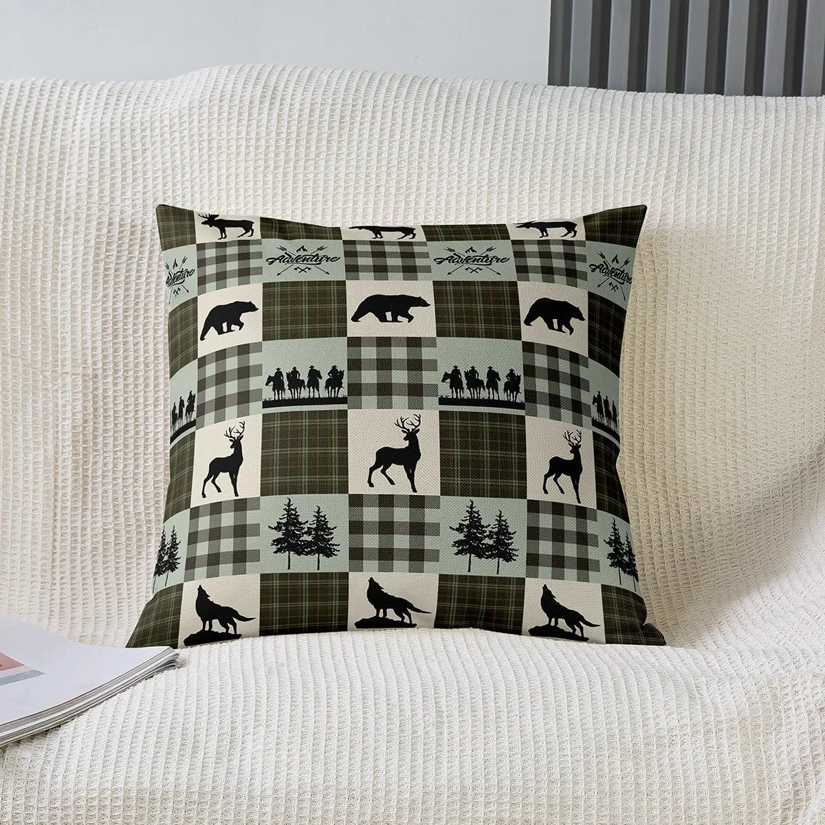 Manfei Bear Lattice Pillow Cover 22x22 Inch,Animals Hunting Farmhouse Trees Decorative Square Pillow Case for Home Bed Sofa Couch Retro Green Gingham Check Housewarming Cushion Cover Single Pack