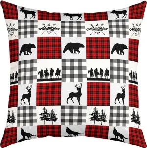 Manfei Bear Plaids 18x18 Inch Square Pillow Cover Elk Wolf Animals Hunting Throw Pillow Cover for Living Room Bed Southwestern Cowboy Lattice Red Home Decor Party Sofa Cushion Case Pillowcase